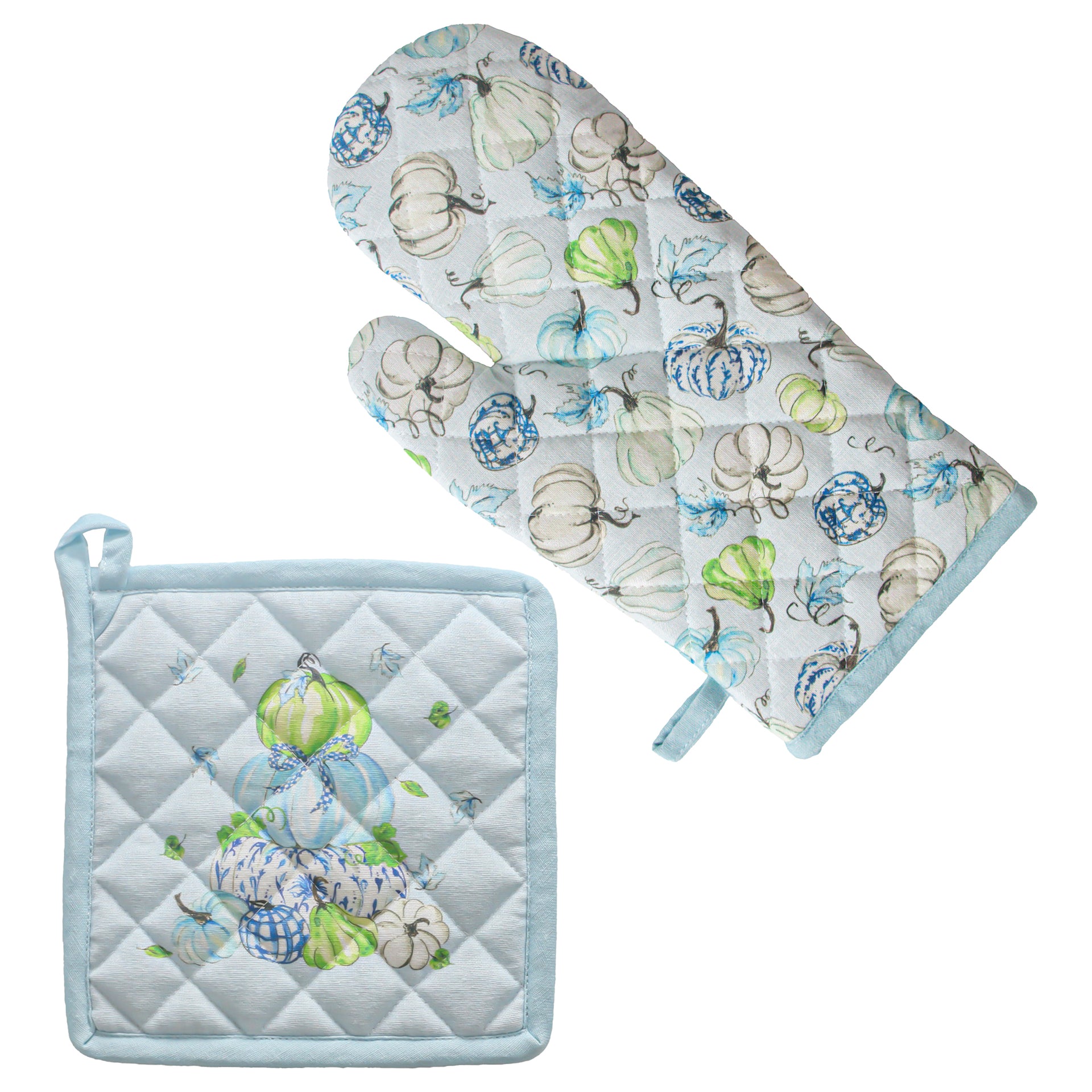 Blue Chinoiserie Oven Mitt and Potholder Set