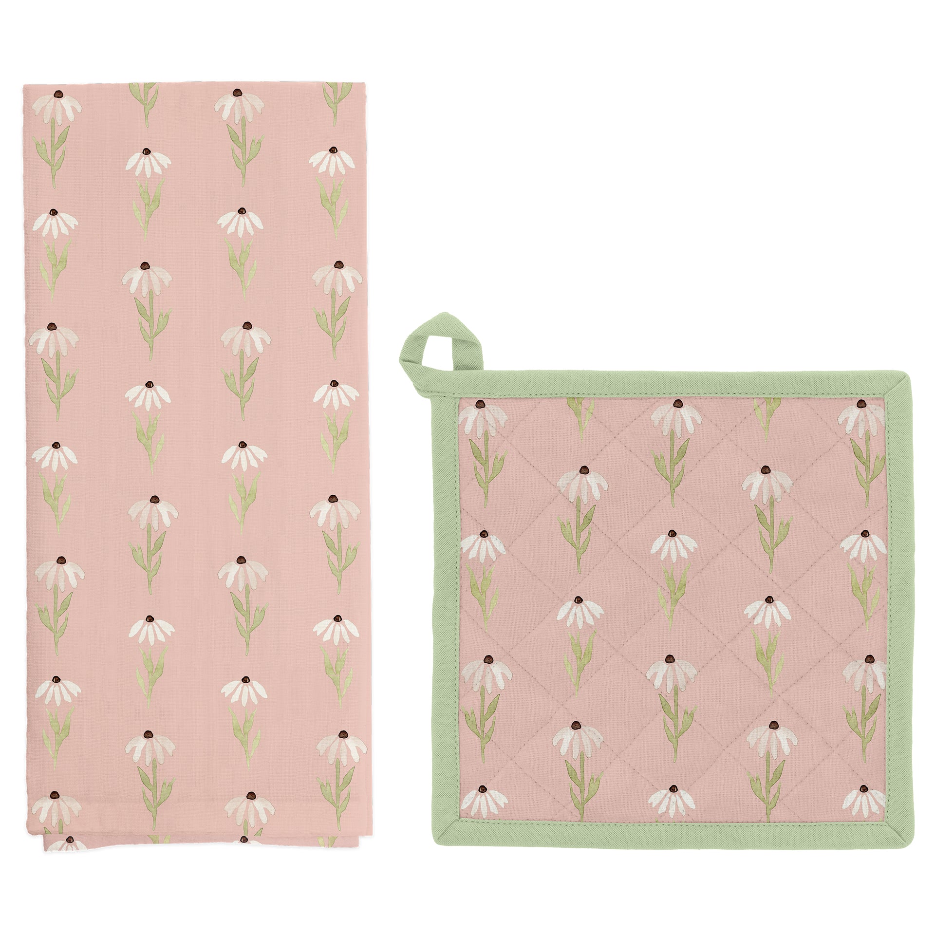 Pink Daisy Tea Towel and Pot Holder Set
