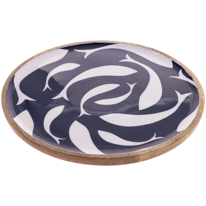 Navy Swirl Fish Wood Round Platter