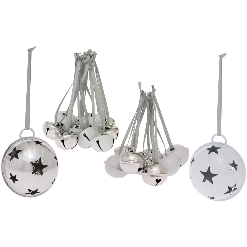 White & Silver Bell Ornaments Assorted Sizes 2.25 1.25 .75