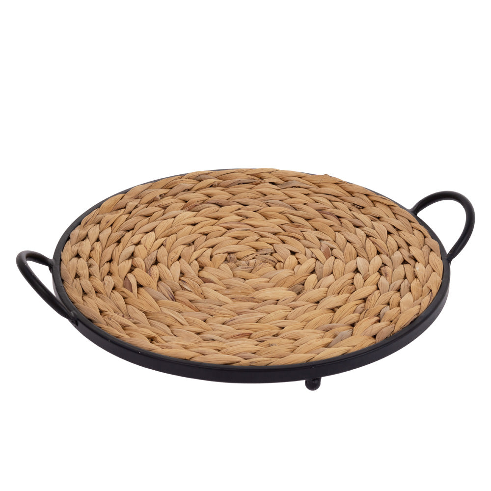 LARGE ROUND GRASS & METAL TRAY TRAY W HANDLES