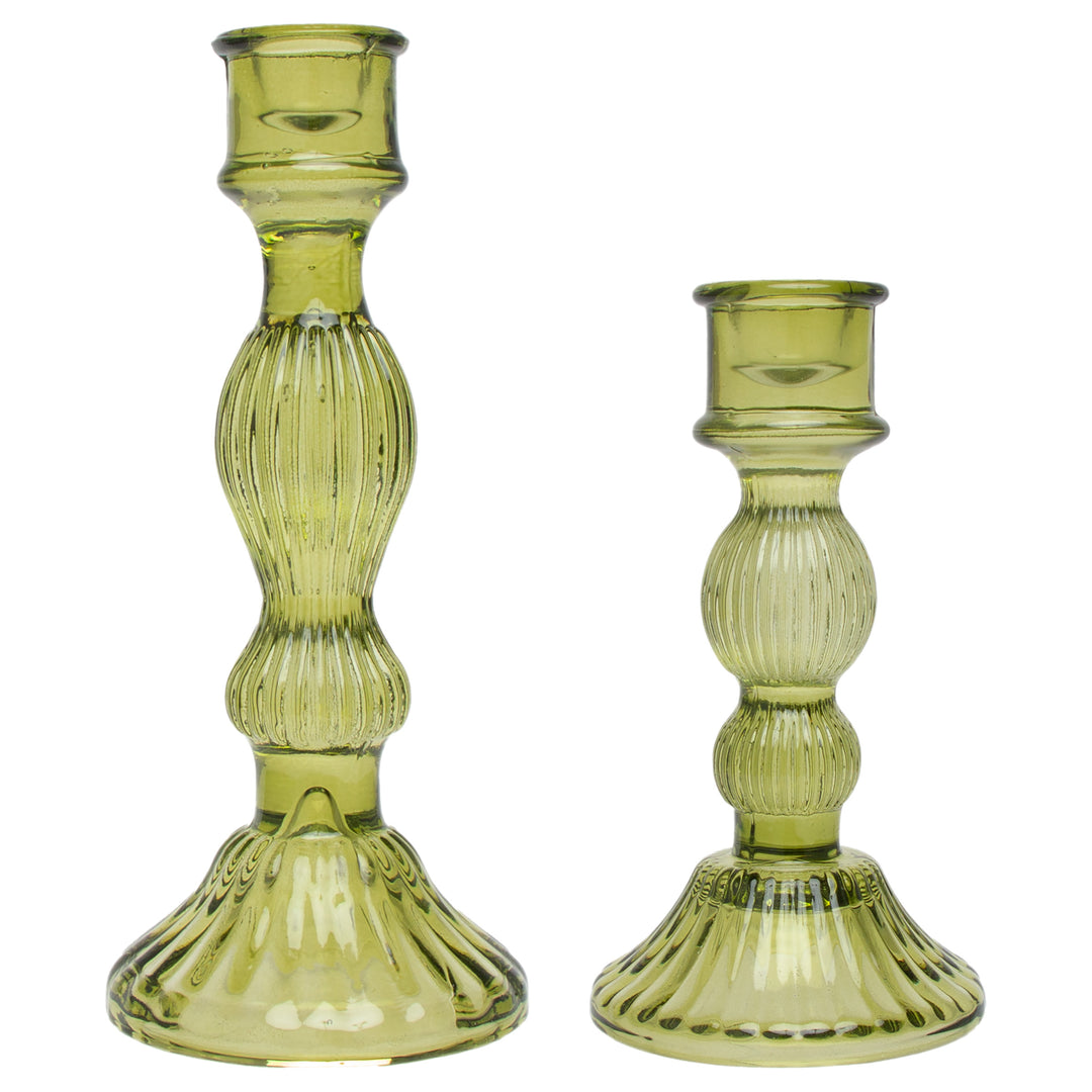 Olive Glass Candle Sticks (Set of 2)