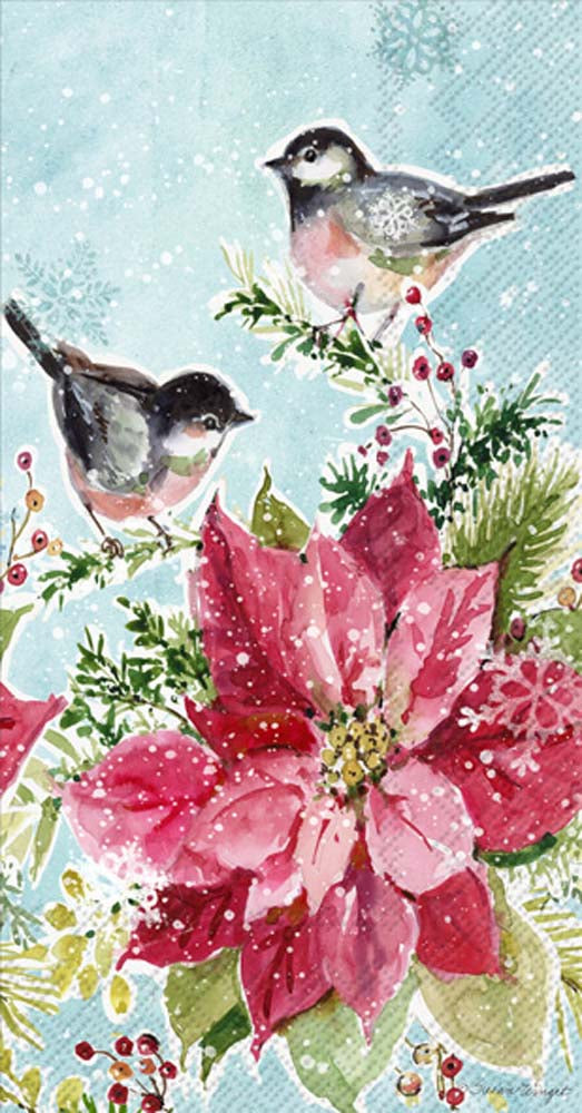 Poinsettia &amp; Chickadees Guest Towel