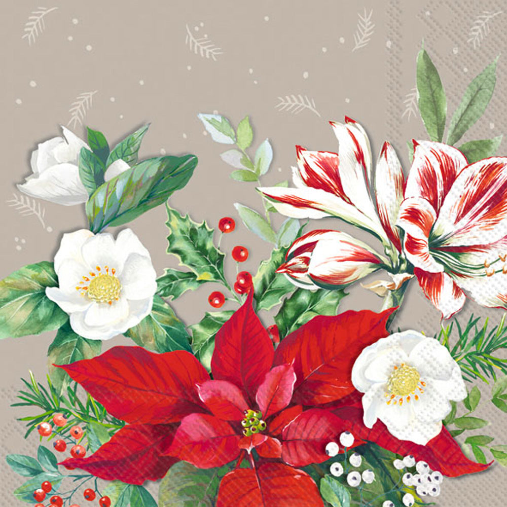 Christmas Florals Lunch Napkin Grey