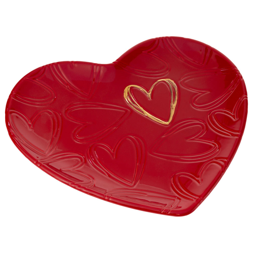 EMBOSSED RED HEART PLATE WITH GOLD HEART OUTLINE