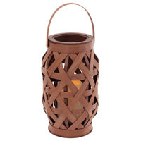 LARGE COFFEE BROWN BASKETWEAVE LANTERN w LED CANDLE