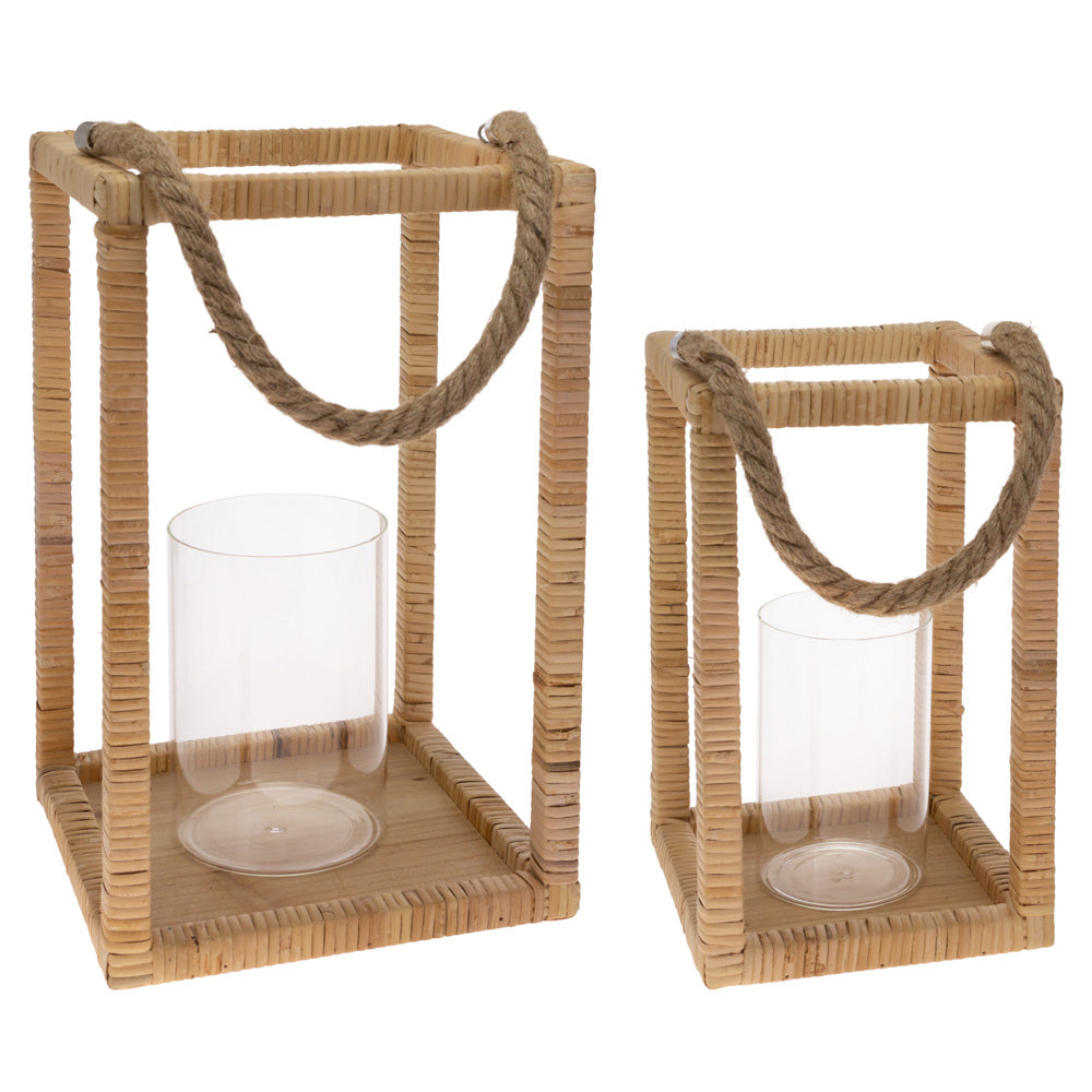 NATURAL RATTAN WRAPPED LANTERNS S/2 w ROPE HANDLE