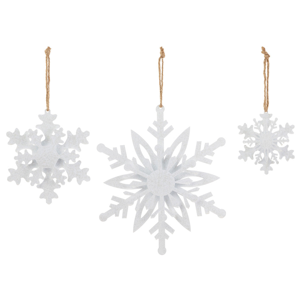 METAL WHITE SPARKLE SNOWFLAKE ORNAMENTS S/3