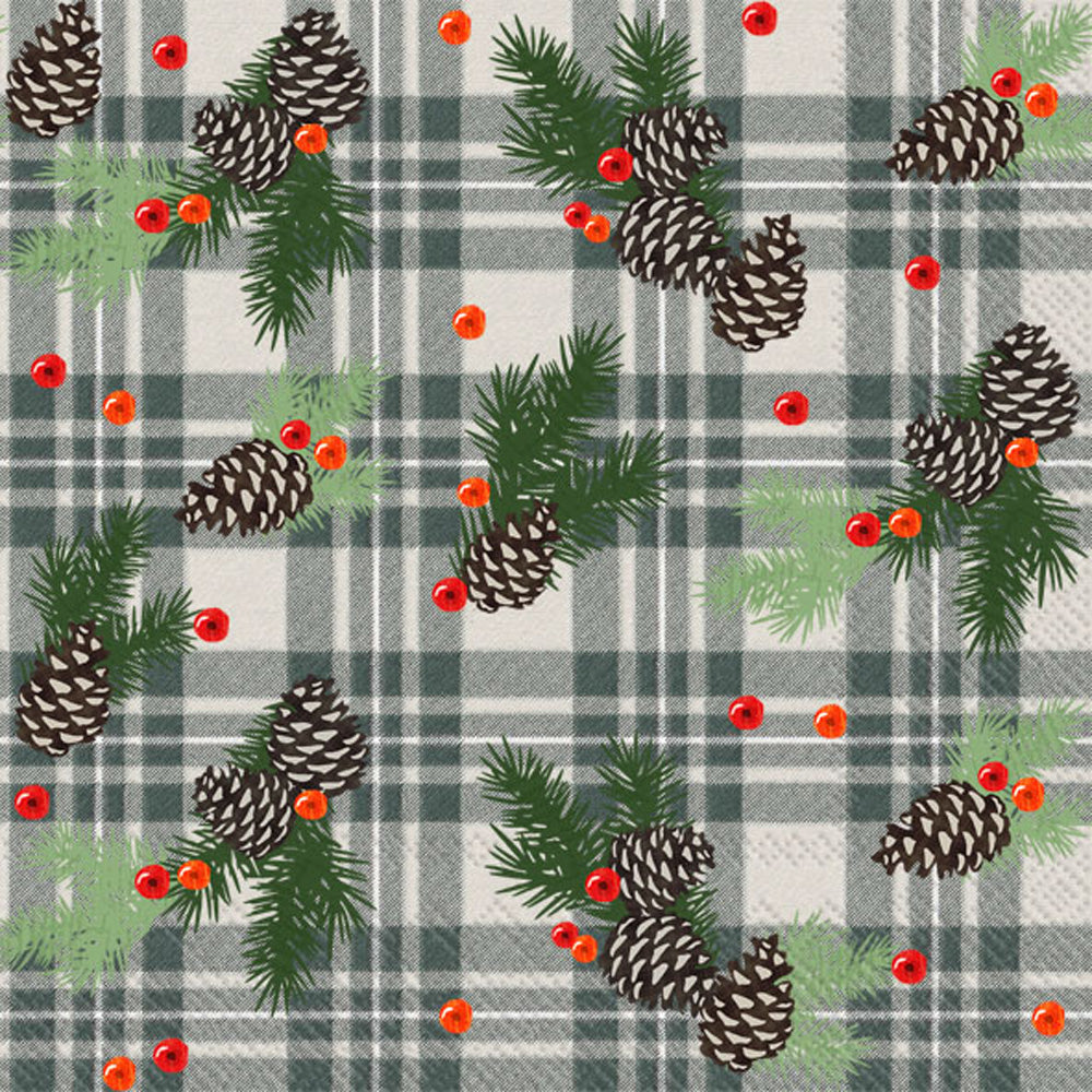 Woodland Pinecone Plaid Cocktail Napkin