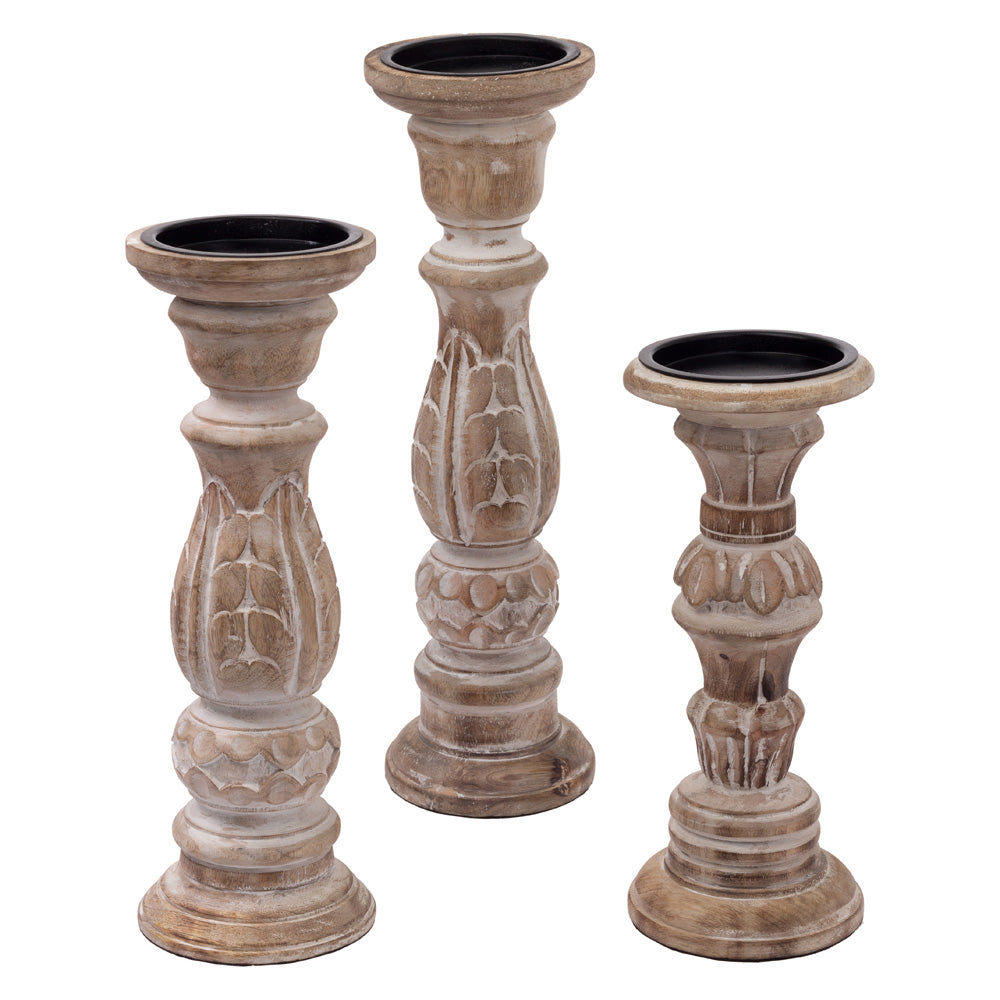 AGRA CARVED WOOD CANDLE HOLDER S/3