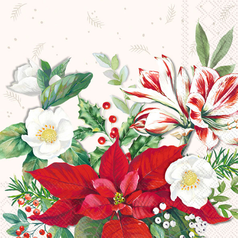 Christmas Florals Cocktail Napkin White