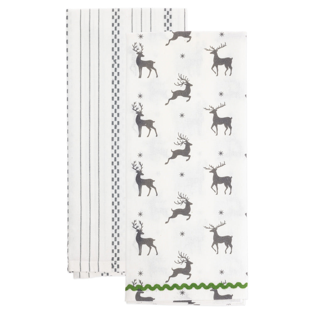 GRAY REINDEER & STRIPES TEA TOWELS S/2