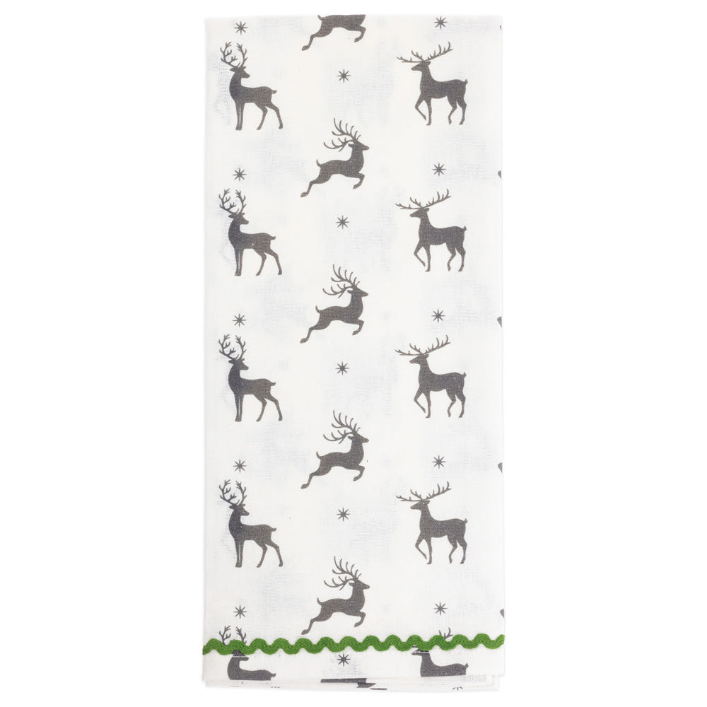 Gray Reindeer and Stripes Tea Towels (Set of 2)
