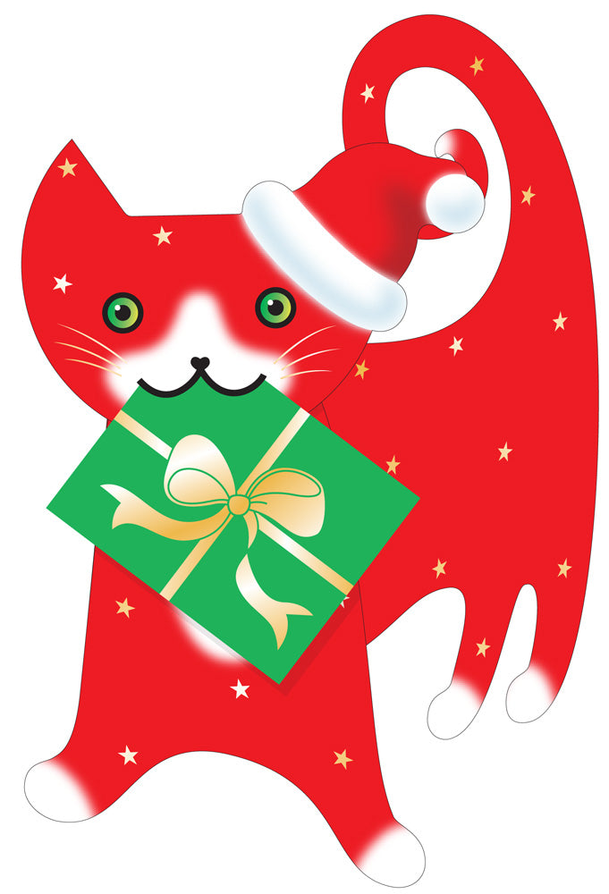 3D CARD/STAR CAT red/gold/santa hat