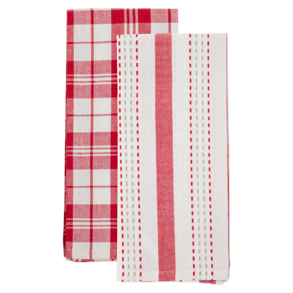 Red Stripe and Plaid Tea Towels (Set of 2)