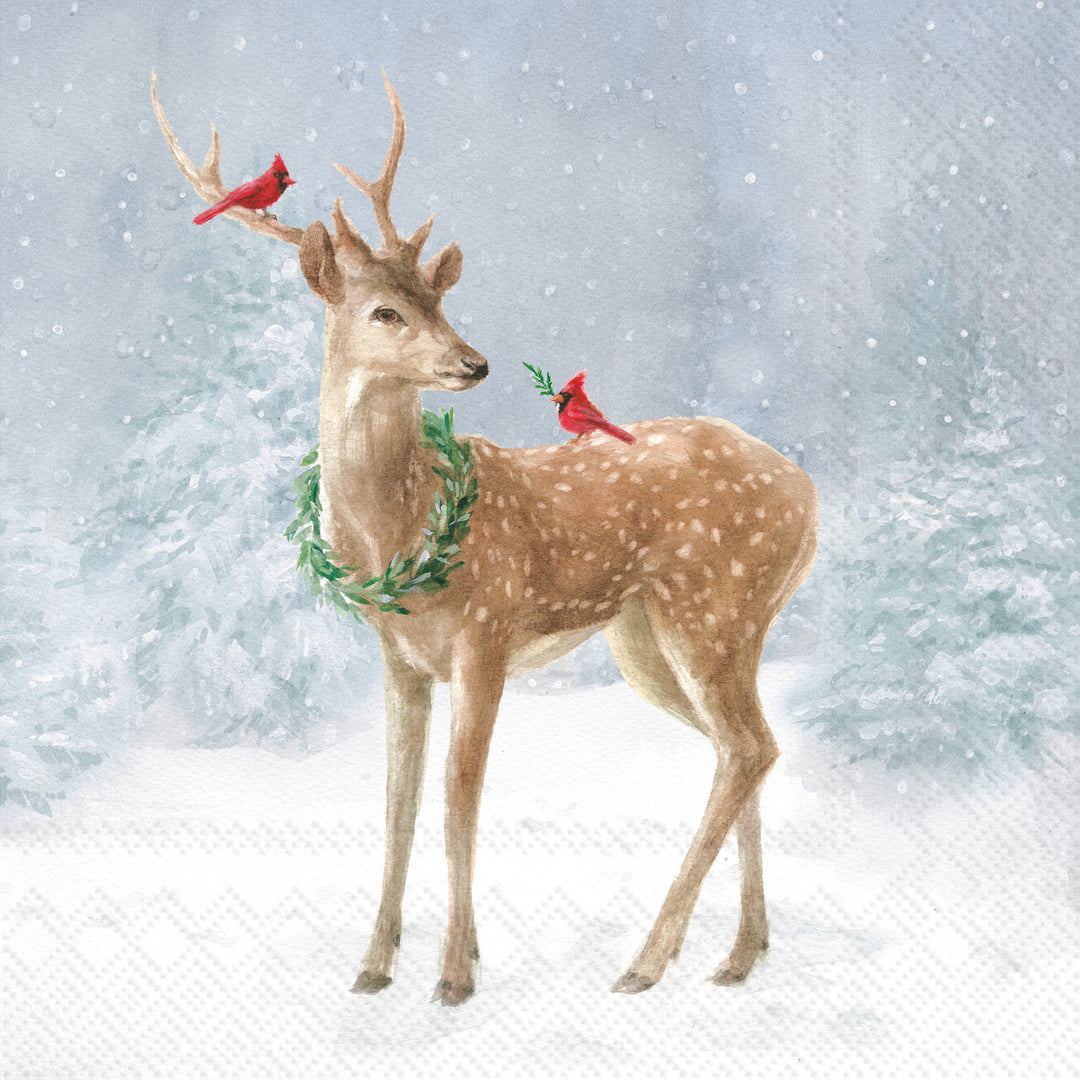 Deer In Snow Blue Cocktail Napkin