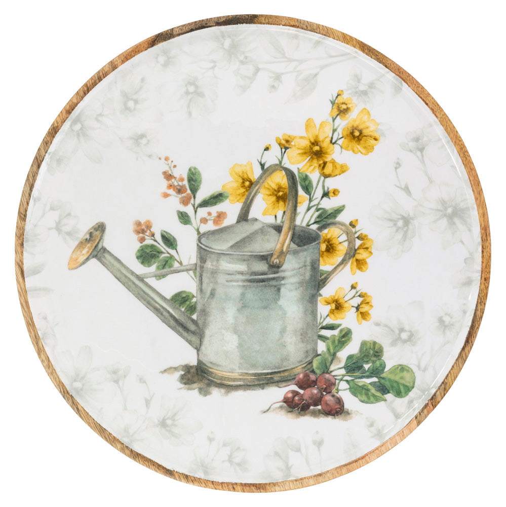Garden Watering Can Wood Round Platter