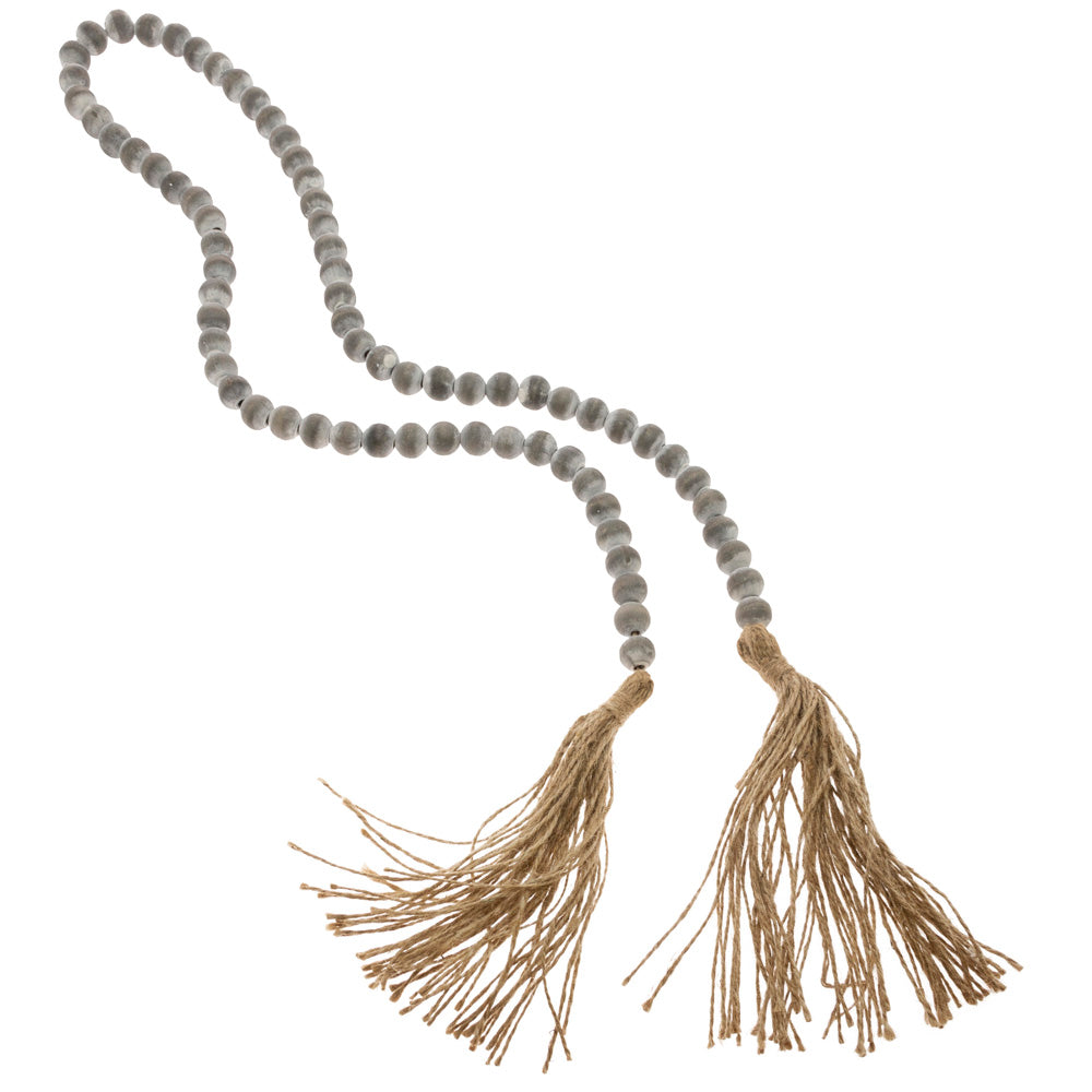 GREY BEADS W HEMP TASSLE