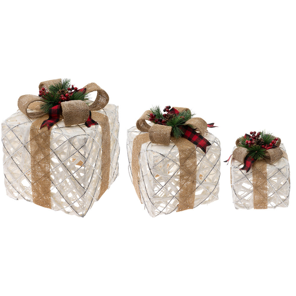 WHITE W/BURLAP PRESENT SET S/3