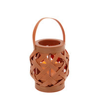 SMALL LIGHT BROWN BASKETWEAVE LANTERN w LED CANDLE