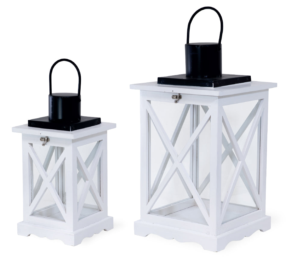 WHITE CRISSCROSS LANTERNS S/2  White w/black top