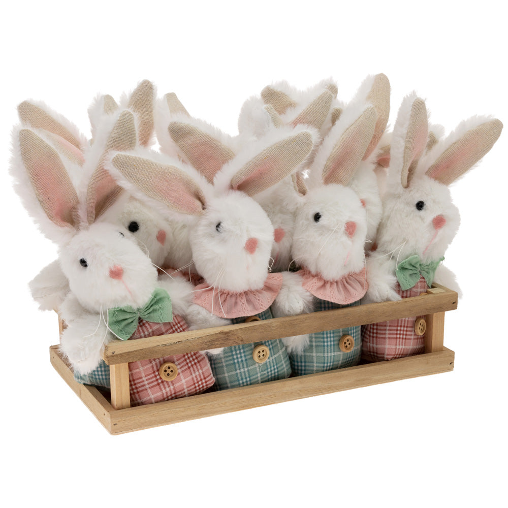 CRATE OF PLAID BUNNY ORNAMENTS