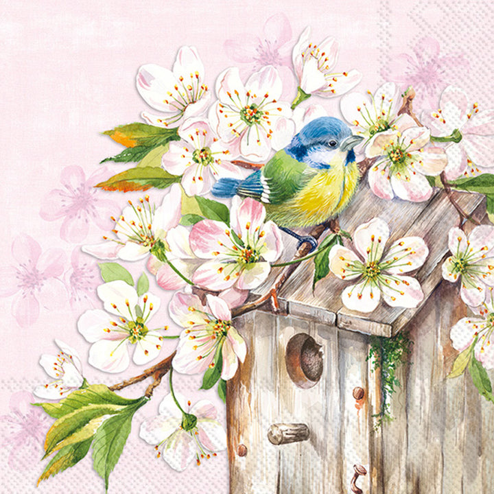 Cherry Blossom Birdhouse Cocktail Napkin Rose