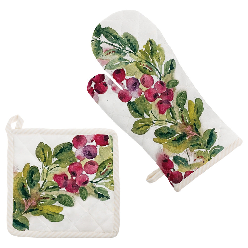 Cranberry Wreath Pot Holder & Oven Mitt Set