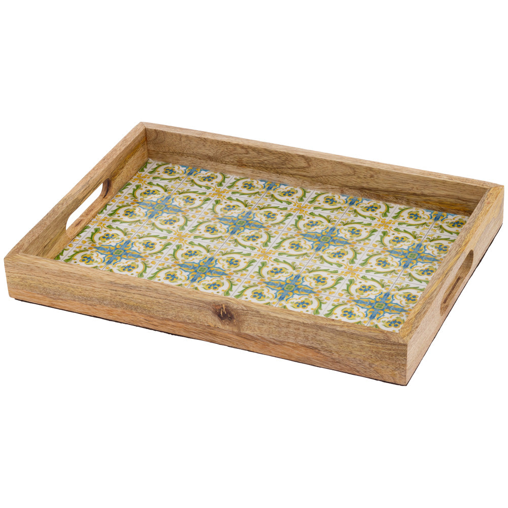 LENGER TILE WOOD TRAY MANGO WOOD & ENAMEL