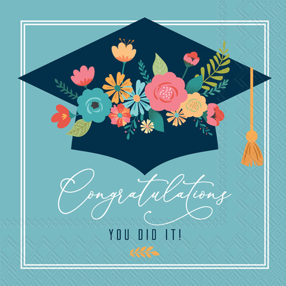 Floral Grad Cap Cocktail Napkin