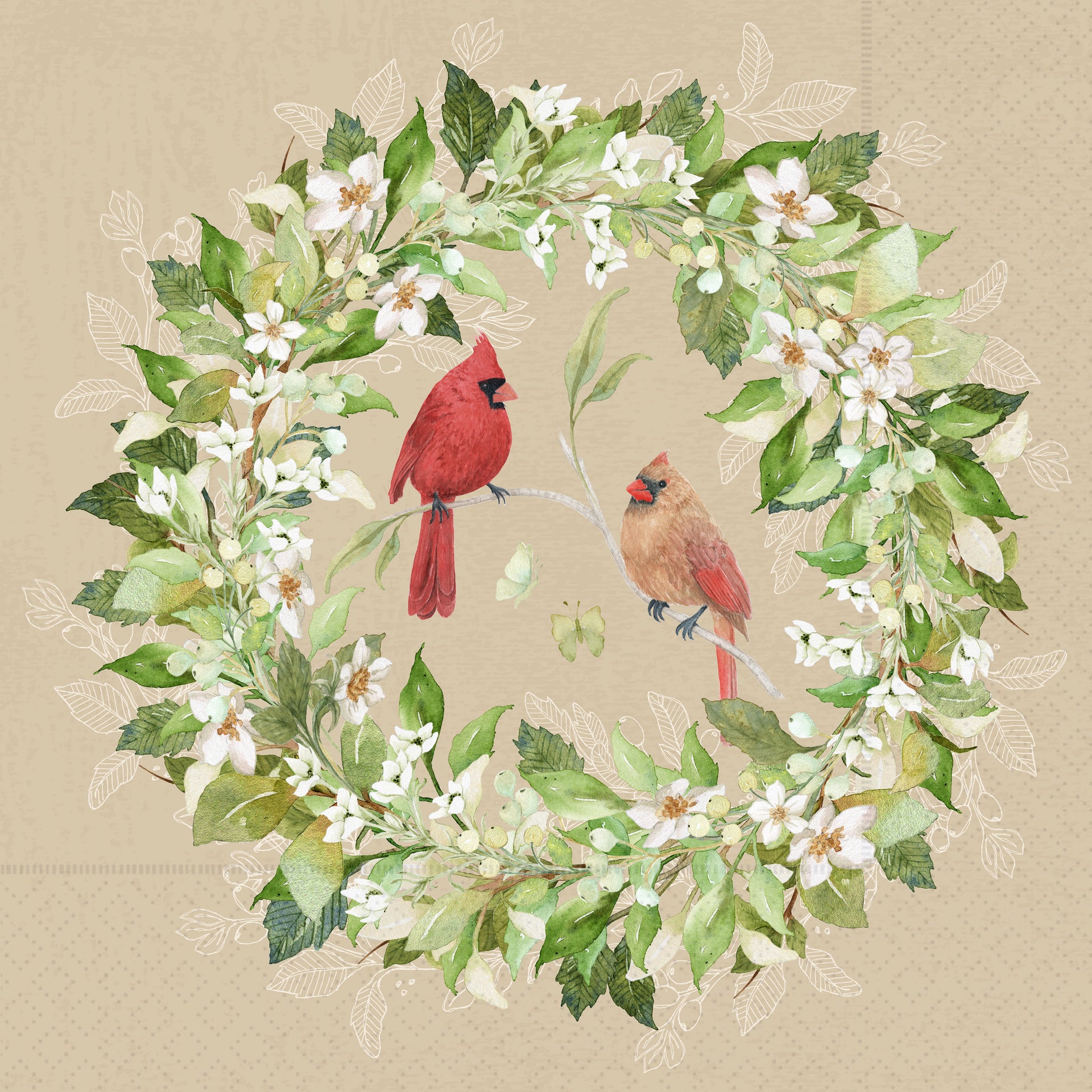 Cardinals And Floral Wreaths Cocktail Napkin