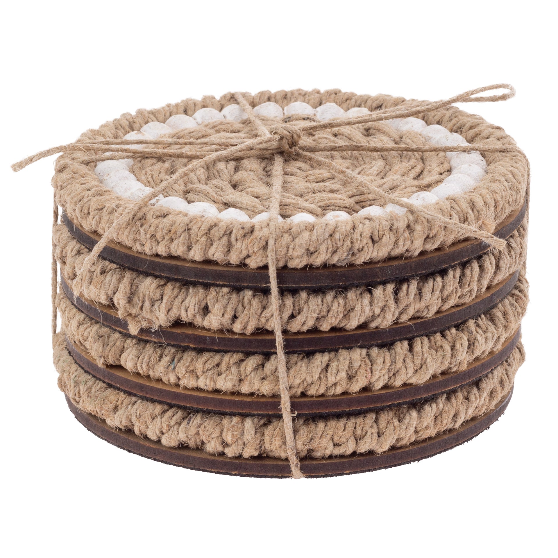 NATURAL JUTE & WHITE BEADED COASTER S/4