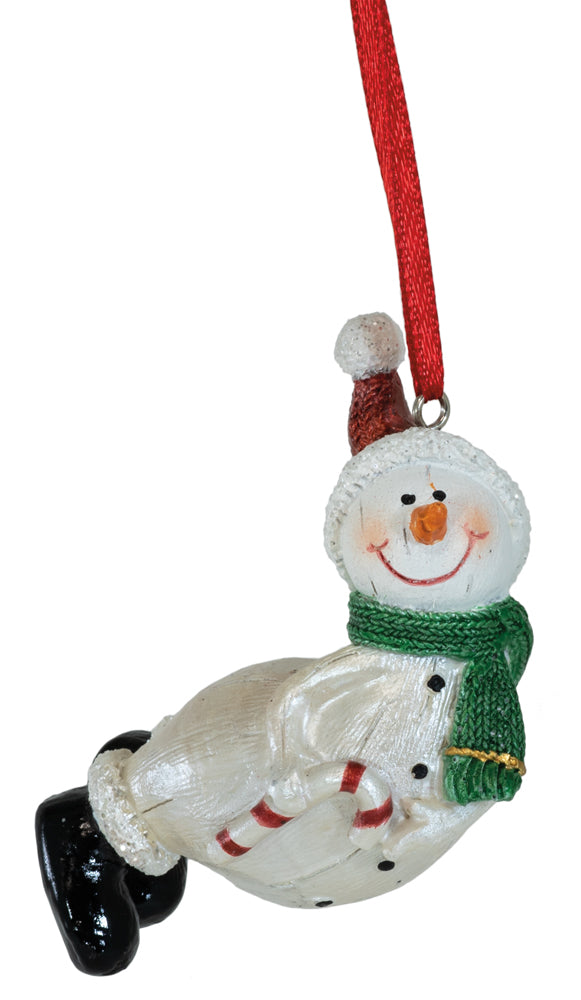 LUSTER CANDY CANE SNOWMAN ORNA  GREEN SCARF & SANTA HAT