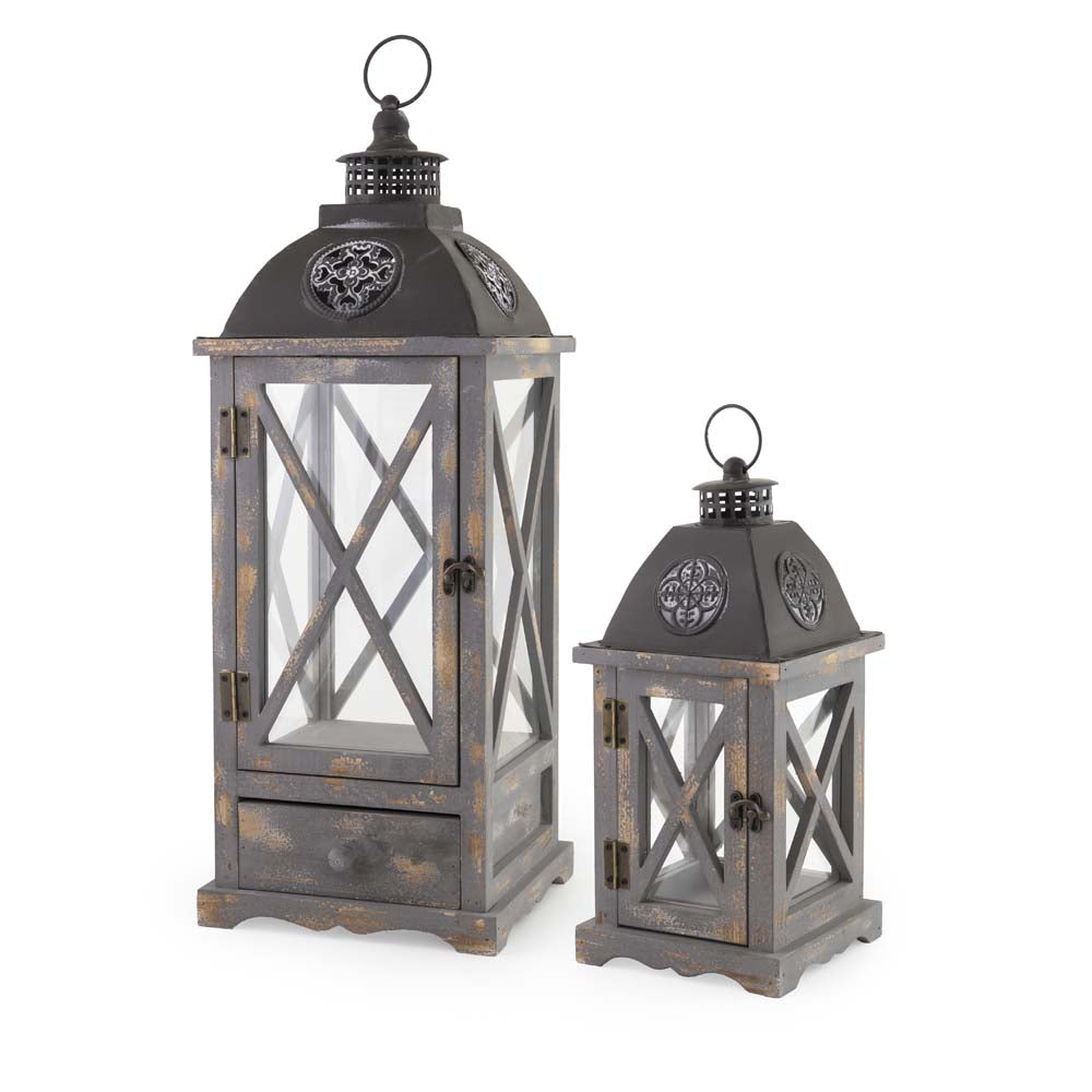 JASPER DRAWER LANTERNS S/2  Grey w/black medallion top