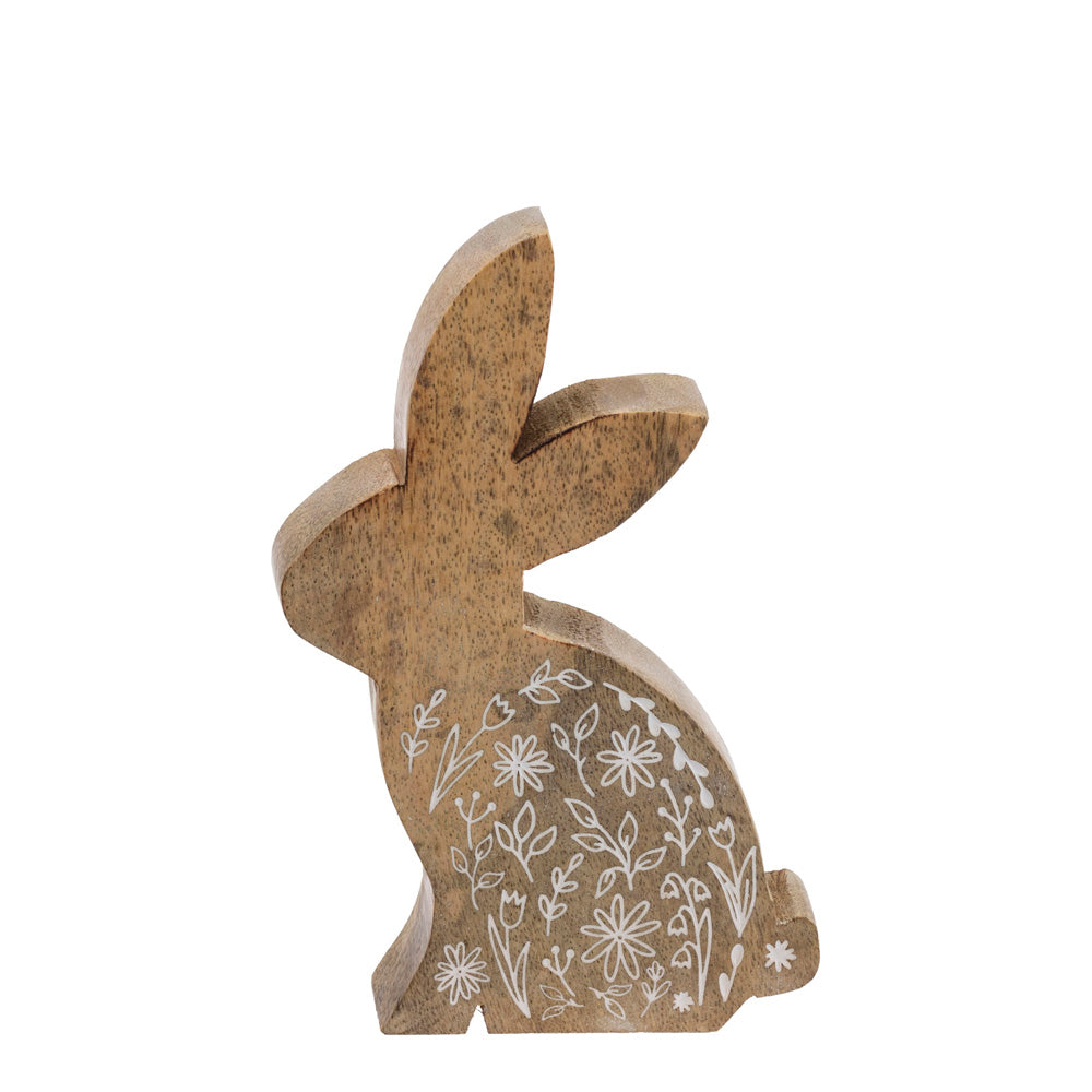 Wood Bunny With White Flowers Small