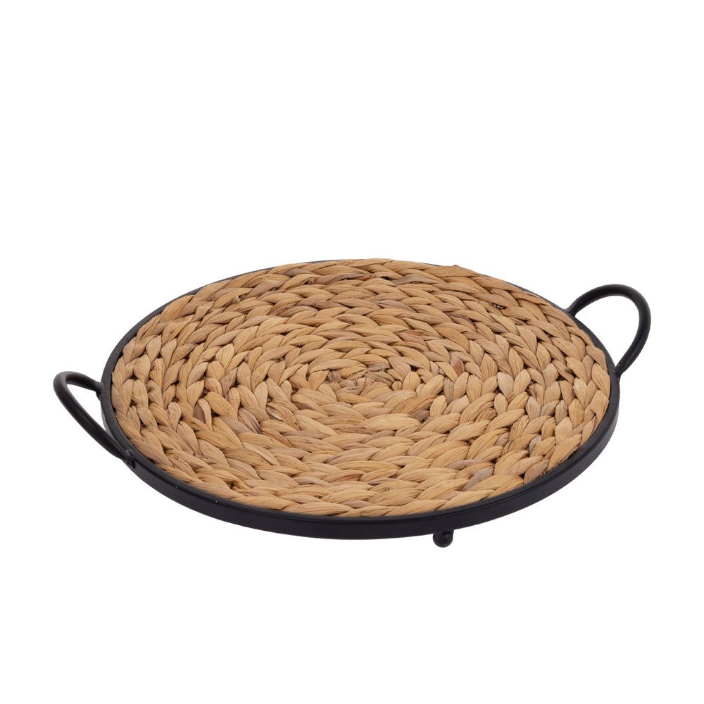 SMALL ROUND GRASS & METAL TRAY W HANDLES