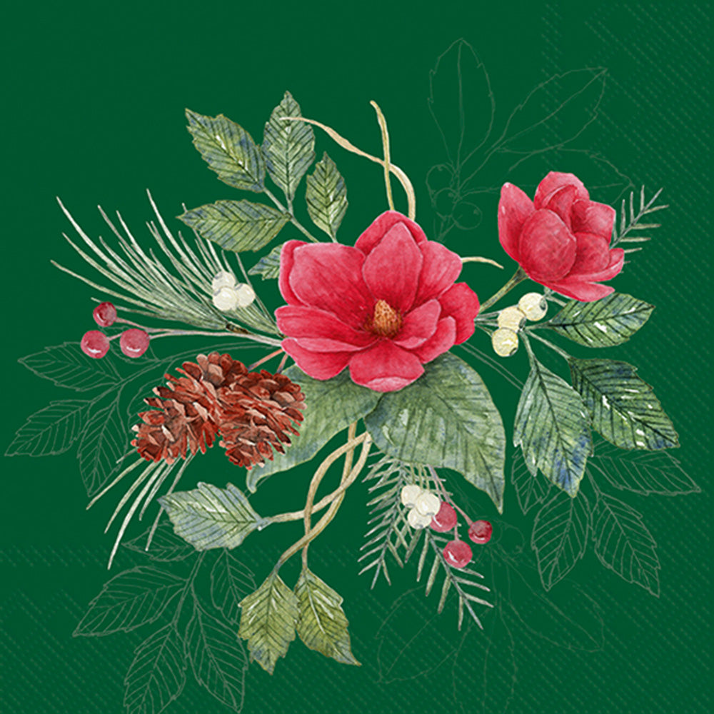 Christmas Flowers Cocktail Napkin Green