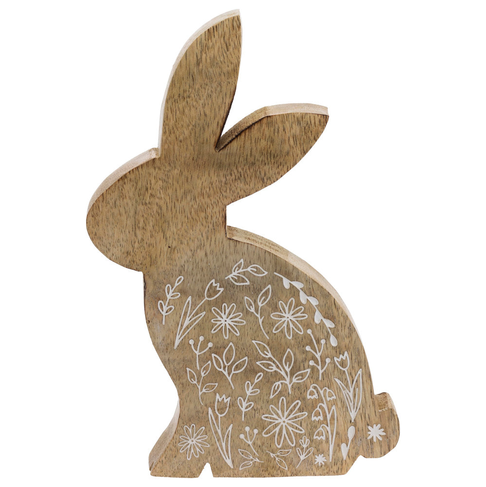 Wood Bunny With White Flowers Large