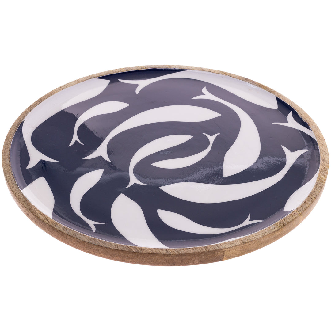 Navy Swirl Fish Wood Round Platter