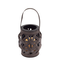 SMALL BROWN BASKETWEAVE LANTERN w LED CANDLE