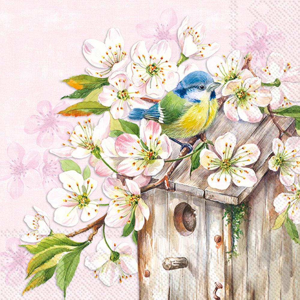 Cherry Blossom Birdhouse Cocktail Napkin Rose