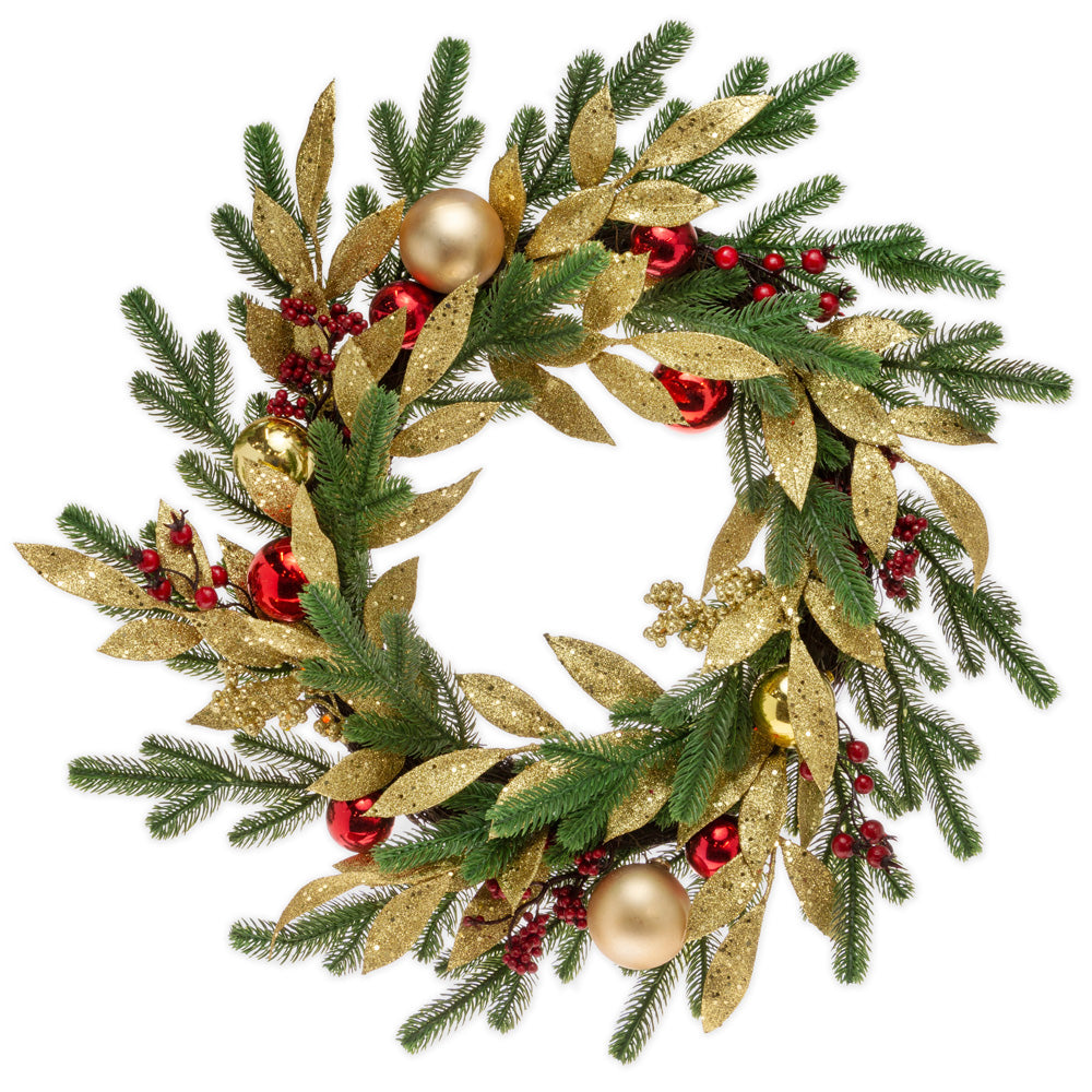 Sparkle Gold Laurel Festive Wr Red Berries & Ornaments