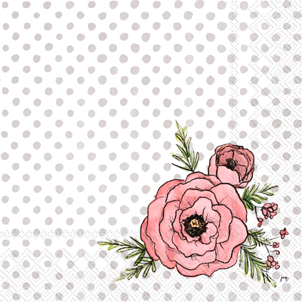 Peonies &amp; Dots Cocktail Napkin Grey