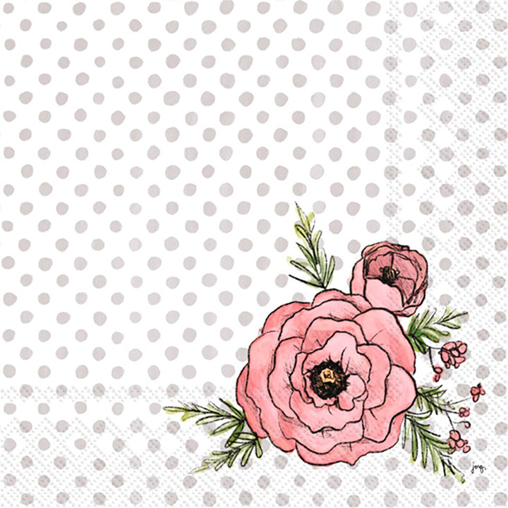 Peonies &amp; Dots Cocktail Napkin Grey