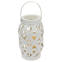 LARGE WHITE BASKETWEAVE LANTERN w LED CANDLE