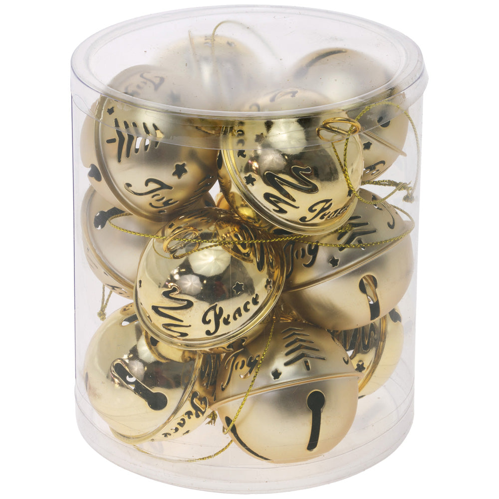 GOLD XMAS BELL ORNAMENTS S/12 2 IN BELLS - 6 SHINY 6 MATTE