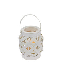 SMALL WHITE BASKETWEAVE LANTERN w LED CANDLE