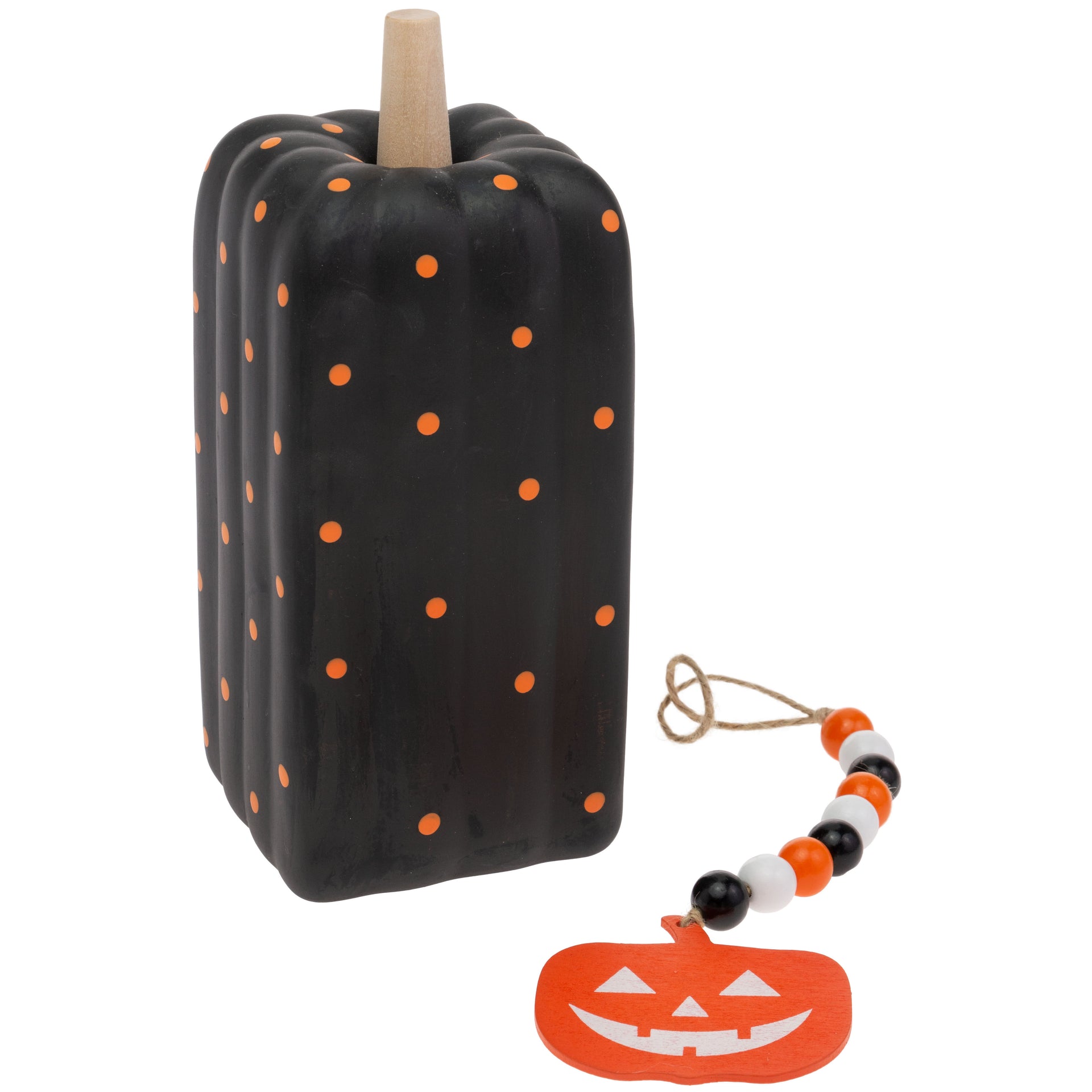 TALL BLACK DOT PUMPKIN WITH PUMPKIN FACE BEADS