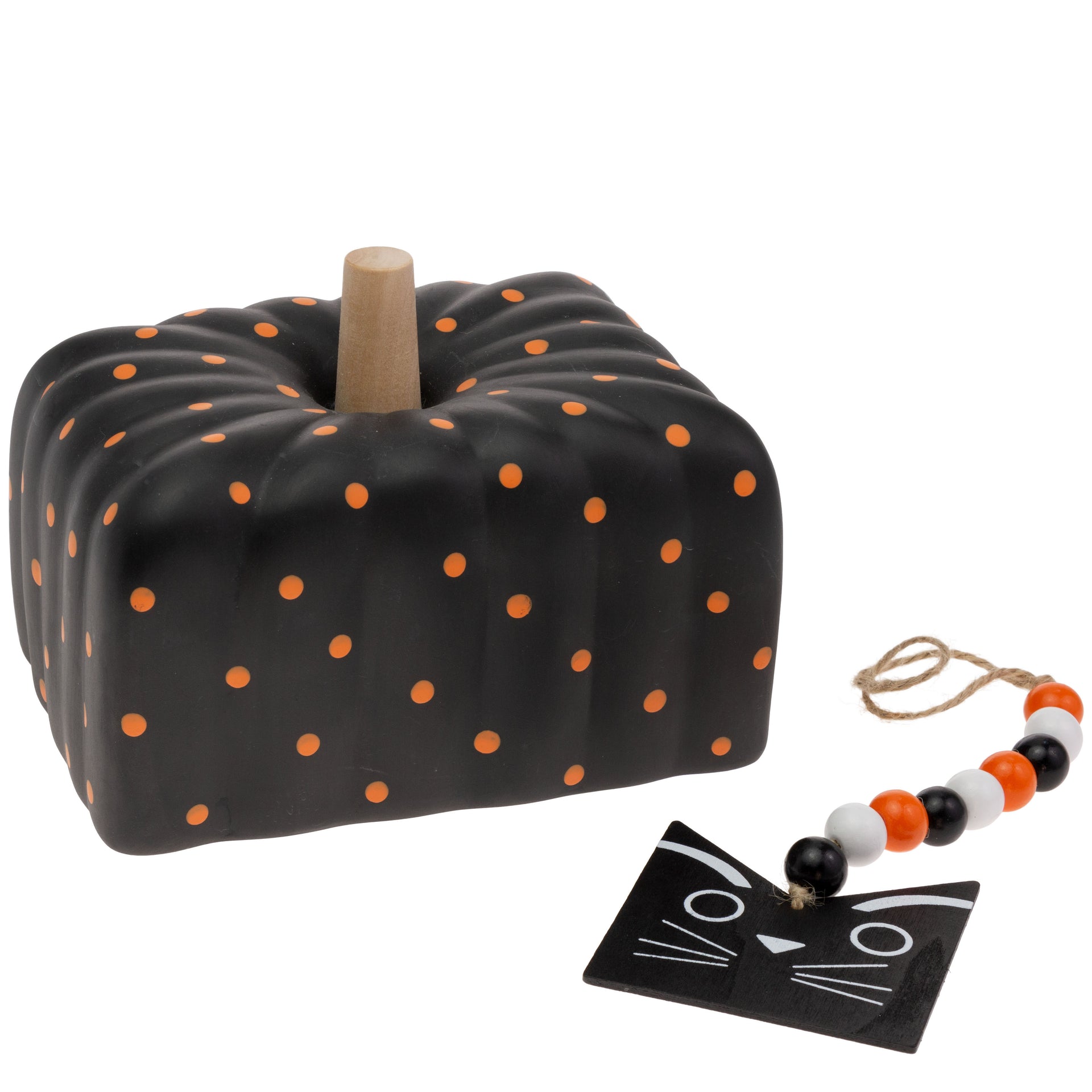 SQUAT BLACK DOT PUMPKIN WITH CAT FACE BEADS