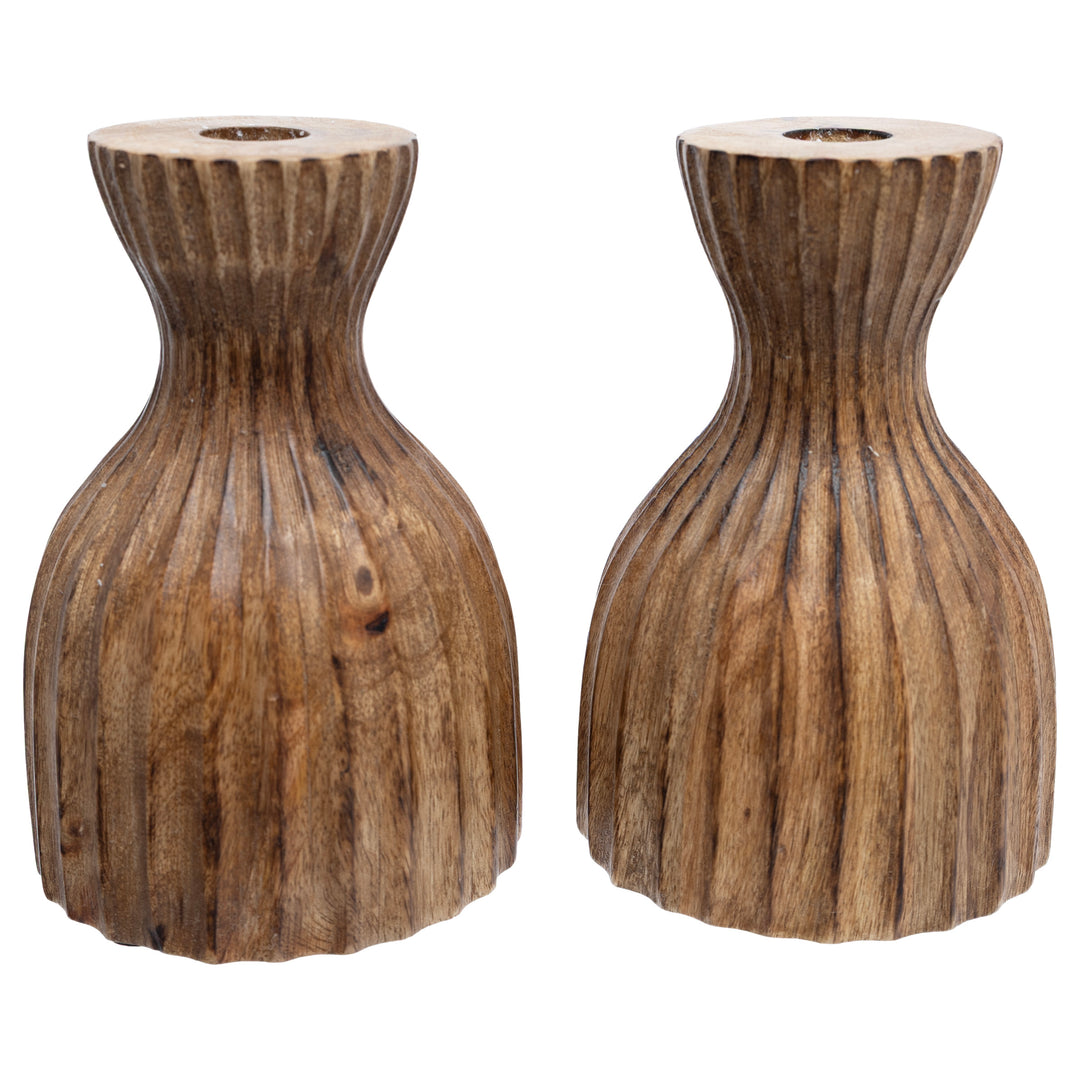 Ribbed Wood Candlestick Set of 2